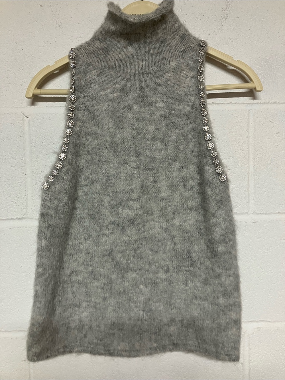 Zara Gray Sleeveless Turtleneck Sweater with Rhinestone Trim